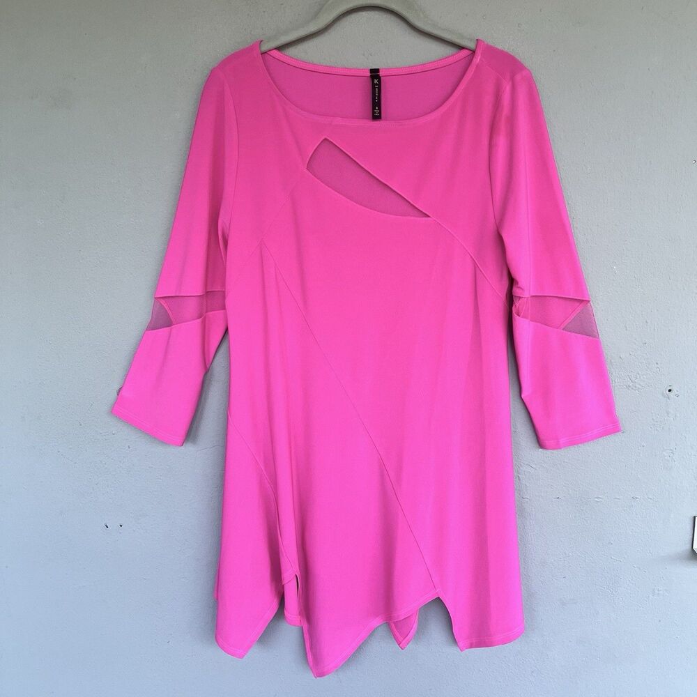 IC By Connie K Pink Tunic Top S Jersey Mesh Cutout Asymmetric Fairy Lagenlook